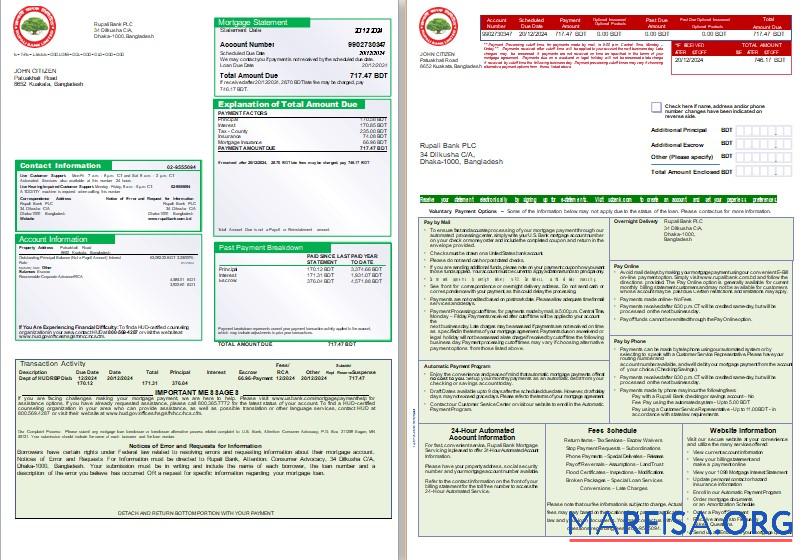 Printable Bangladesh Rupali Bank mortgage statement, 3 pages, 1 2 scr real example
